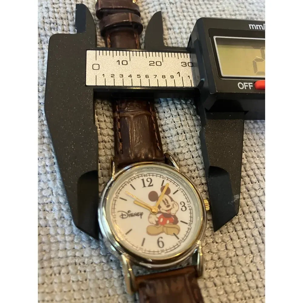 Mickey Mouse Watch, Disney, Analog, Silver Tone, Brown Leather Band, New w/o Tag